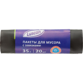 Мешки для мусора на 35 л с завязками Luscan черные (ПНД, 12 мкм, в рулоне 20 штук, 53x58 см)