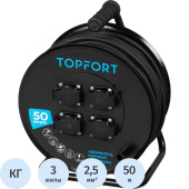 Удлинитель на катушке TOPFORT КГтп-ХЛ 3х2.5 кв.мм 50 м 16 А с  заземлением 4 розетки (TEH303-196)