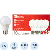 Лампа светодиодная In Home LED-A60-VC 4PACK 10Вт Е27 4000К 950Лм матовая (4 штуки в упаковке)