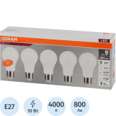 Лампа светодиодная Osram 10 Вт Е27 (А, 4000 К, 800 Лм, 220 В, 5 штук в упаковке, 4058075577749)