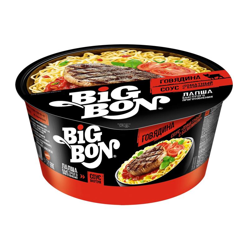 Лапша BigBon говядина + соус томатный с базиликом (24 штуки по 85 г)