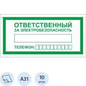 Знак безопасности Ответственный за электробезопасность A31 (100x200 мм, пленка ПВХ, 10 штук в упаковке)