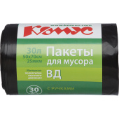 Мешки для мусора Комус 30 л с ручками черные (ПВД 25 мкм, 30 штук в рулоне)