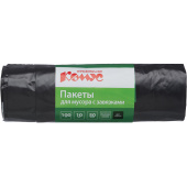 Мешки для мусора Комус 100 л с завязками черные (ПВД 50 мкм, 10 штук в рулоне)