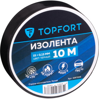 Изолента TOPFORT ПВХ 15 мм x 10 м чёрная (1687224)