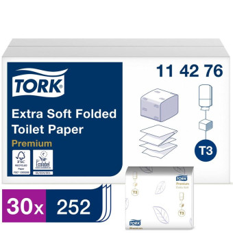 Бумага туалетная листовая Tork T3 Premium 2-слойная 30 пачек по 252 листов (артикул производителя 114276)