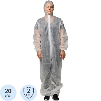 Комбинезон одноразовый с капюшоном Каспер белый 20 г/кв.м (размер 64-66,  4XL)