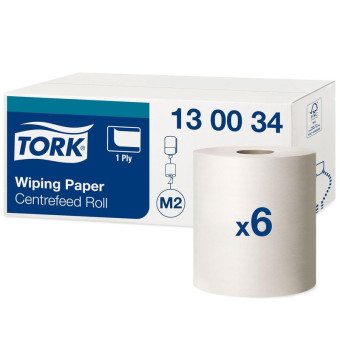 Протирочная бумага в рулонах с центральной вытяжкой Tork 130034 M2 белая (6 рулонов по 165 метров)