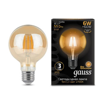 Лампа светодиодная Gauss Filament 6 Вт E27 шарообразная 2400K теплый золотистый свет