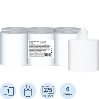 Полотенца бумажные рулонные с центральной вытяжкой M2 1-слойные белые 6  рулонов по 275 метров