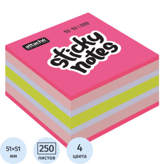 Стикеры Attache Selection Клубничный микс 51х51 мм неоновые и пастельные  4 цвета (1 блок на 250 листов)