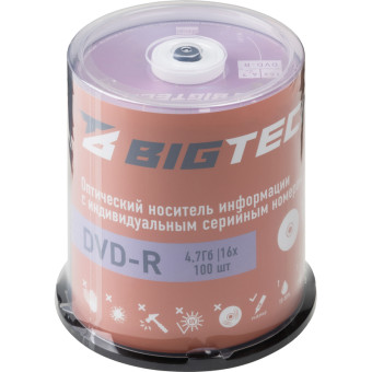Диск DVD-R BigTech 4.7 ГБ 16x cake box YDVDRB001 (100 штук в упаковке)