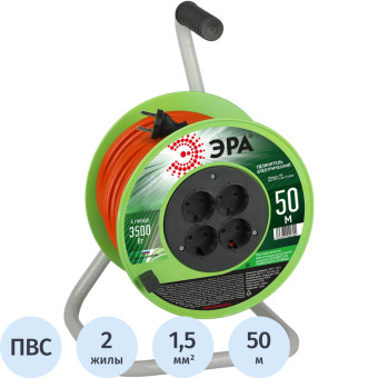 Удлинитель на катушке силовой Эра ПВС 2х1.5 кв.мм 50 м 16 А без  заземления 4 розетки (Б0059784)