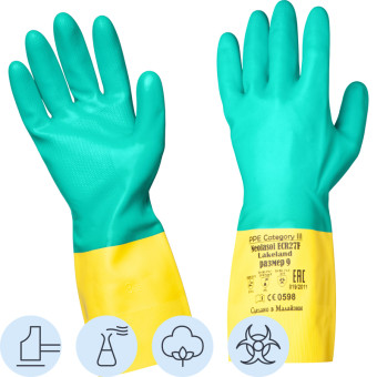 Перчатки КЩС латекс/неопрен Lakeland Neolasol ECR27F с хлопковым напыление синий/желтый (размер 9, L)