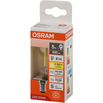 Лампа светодиодная Osram 5 Вт Е14 (B, 2700 К, 600 Лм, 220 В, 4058075684577)