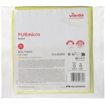 Салфетки хозяйственные Vileda Professional ПУРмикро Актив микрофибра 38x35 см 260 г/кв.м желтые (5 штук в упаковке)