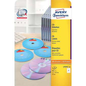 Этикетки для CD/DVD Avery Zweckform L7676-25 белые матовые (внутренний диаметр 17 мм, 50 штук в упаковке)