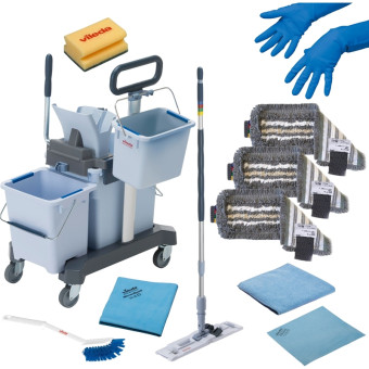Набор для уборки Vileda Professional №1 Все включено с УльтраСпид Про (тележка уборочная трехведерная с отжимом, швабра, щётка, 3 сменные насадки, 3 салфетки для уборки, 5 пар перчаток, 3 губки)