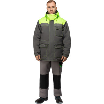 Куртка рабочая зимняя мужская з08-КУ со светоотражающим кантом  серая/лайм из ткани грета (размер 48-50, рост 194-200)