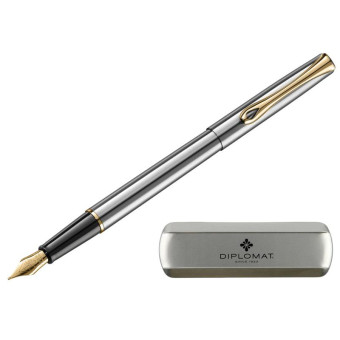 Ручка перьевая Diplomat Traveller Stainless Steel Gold F цвет чернил синий, цвет корпуса серебристый (артикул производителя D10057453)
