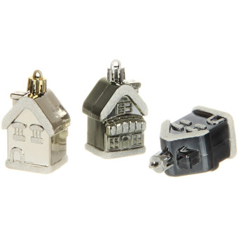 Набор елочных игрушек Веселый хоровод Домик пластик серебристый/серый (высота 6 см, 3 штуки в упаковке)