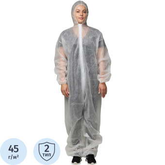 Комбинезон одноразовый с капюшоном Каспер белый 45 г/кв.м (размер L)