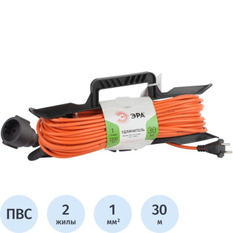 Удлинитель на рамке силовой Эра ПВС 2х1 кв.мм 30 м 10 А без заземления 1  розетка (Б0043041)