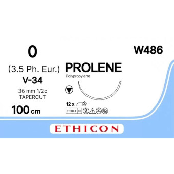 Шовный материал Пролен 0 100 см колюще-режущая игла 36 мм 1/2 W486 (12 штук в упаковке)