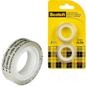 Клейкая лента канцелярская Scotch двусторонняя прозрачная 12 мм x 6.3 м (2 штуки в упаковке)