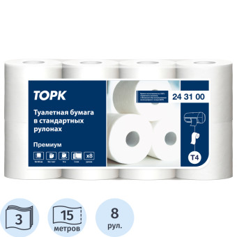 Бумага туалетная Торк (Tork) Премиум 3-слойная белая (8 рулонов в упаковке, 243100)