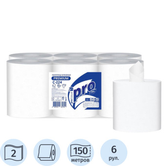 Полотенца бумажные в рулонах с центральной вытяжкой Protissue 2-слойные 6 рулонов по 150 метров (артикул производителя С224)