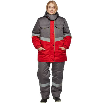 Костюм рабочий зимний женский з43-КПК с СОП серый/красный (размер 44-46, рост 158-164)