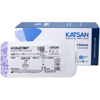 Шовный материал хирургический рассасывающийся Katsan USP 2/0 75 см колющая игла 45 мм 1/2 (12 штук в упаковке)