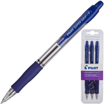 Ручка шариковая автоматическая Pilot BPGP-10R-F-Super Grip синяя (толщина линии 0.32 мм, 3 штуки в наборе)