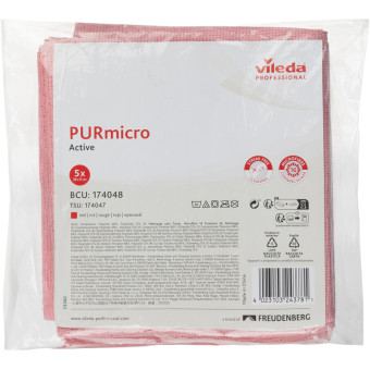 Салфетки хозяйственные Vileda Professional ПУРмикро Актив микрофибра 38x35 см 260 г/кв.м красные (5 штук в упаковке)