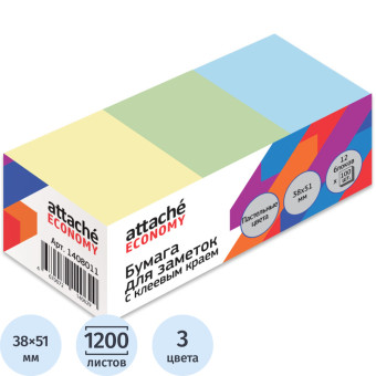Стикеры 38x51 мм Attache Economy пастельные 3 цвета (12 блоков по 100 листов)