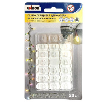 Держатель для проводов и гирлянд Unibob самоклеящийся прозрачный до 0.4 кг (20 штук)