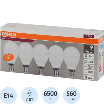 Лампа светодиодная Osram 7 Вт E14 (R, 6500 К, 560 Лм, 220 В, 5 штук в упаковке, 4058075578166)