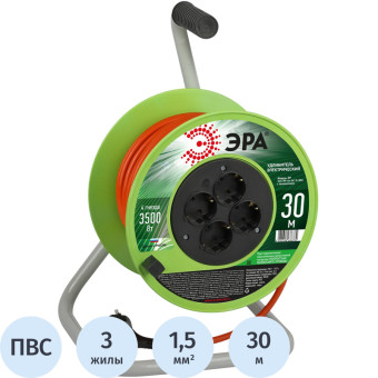 Удлинитель на катушке силовой Эра ПВС 3х1.5 кв.мм 30 м 16 А с  заземлением 4 розетки (Б0056102)