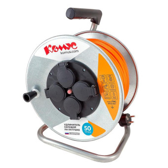 Удлинитель на катушке металл Комус ПВС 3x1.5 кв.мм 50 м 16 А 3600 Вт IP44 с заземлением 4 розетки