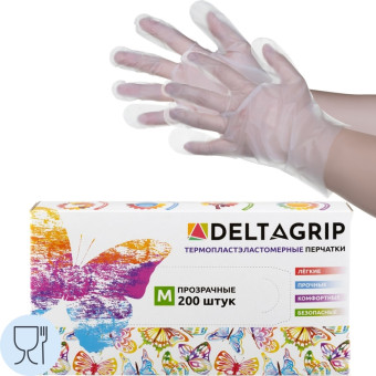Перчатки одноразовые DELTAGRIP TPE из эластомера (ТПЭ) прозрачные (размер М, 200 штук в упаковке)