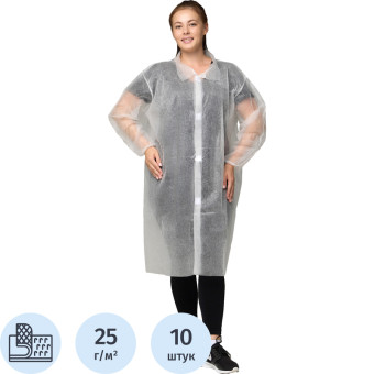 Халат одноразовый на липучке белый (размер 58-60, XXXL, 10 штук  в упаковке)
