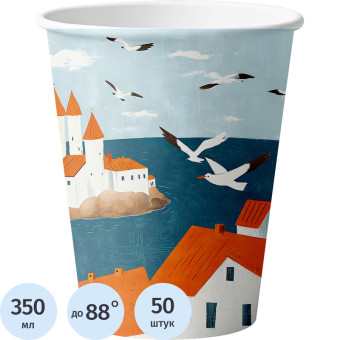 Стакан одноразовый бум. 1-сл Море и чайки mix 350 мл d- 90 мм 50 шт/уп