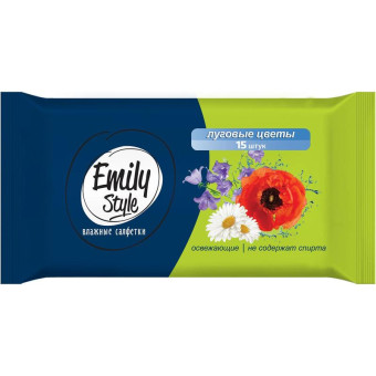 Влажные салфетки освежающие Emily Style Луговые цветы 15 штук в упаковке