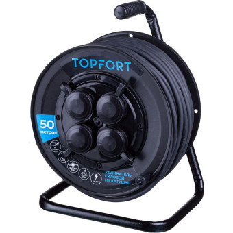 Удлинитель на катушке пластик TOPFORT КГ 2x2.5 кв.мм. 50 м 16 А 3500 Вт IP44 без заземления 4 розетки