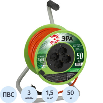 Удлинитель на катушке силовой Эра ПВС 3х1.5 кв.мм 50 м 16 А с  заземлением 4 розетки (Б0056104)