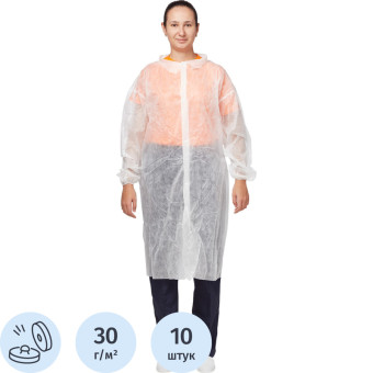 Халат одноразовый на кнопках белый (размер 60-62, 4XL, 10 штук в  упаковке)
