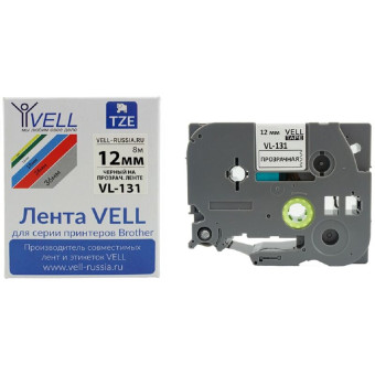 Картридж Vell VL-131 для принтера этикеток Brother (12 мм x 8 м, цвет  ленты  прозрачный, шрифт черный)