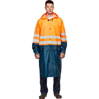 Плащ сигнальный влагозащитный полиэфирный на кнопках  оранжевый/тёмно-синий с СОП (размер 56-58, рост 170-176)