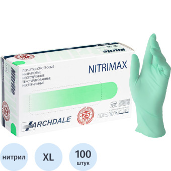 Перчатки медицинские смотровые нитриловые NitriMax нестерильные  неопудренные размер XL (9-10) зелёные (50 пар/100 штук в упаковке)